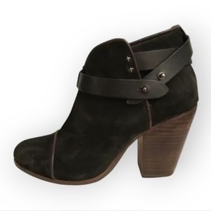 Rag & Bone Harrow Distressed Suede Black Ankle Boots w/Wood Stacked Heel